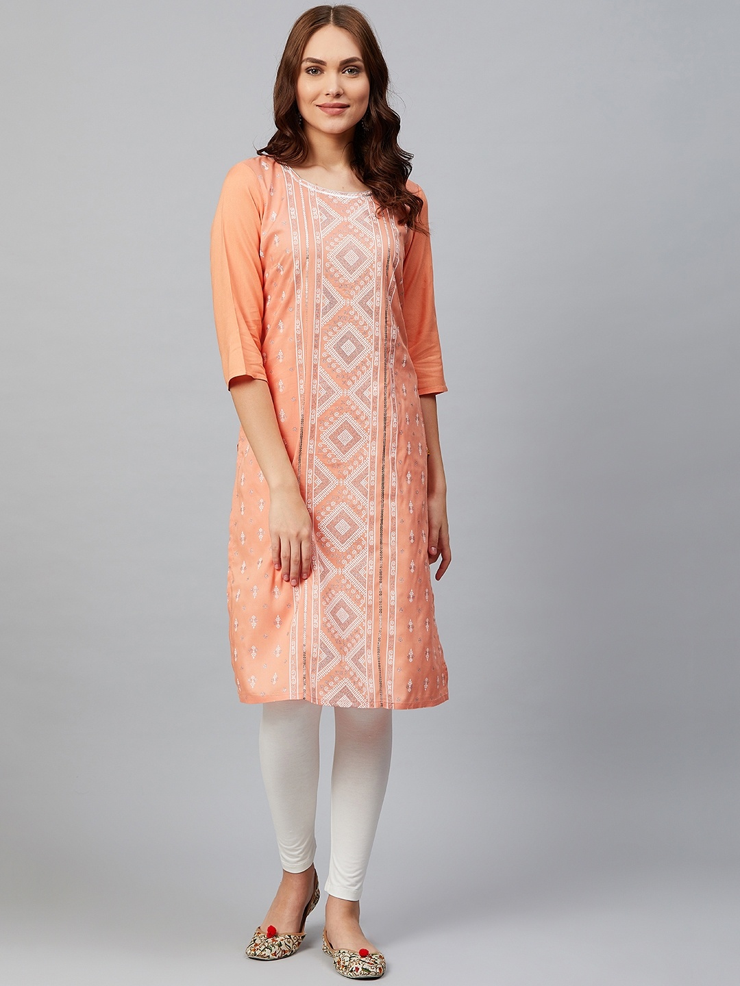 

AURELIA Women Peach-Coloured & White Printed Straight Kurta