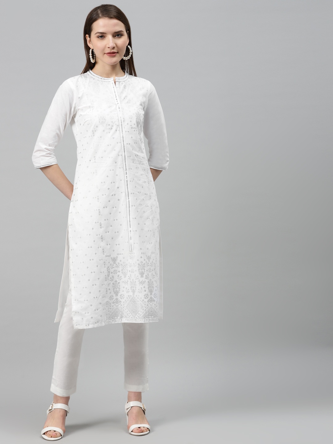 

AURELIA Women White & Silver Printed Pure Cotton Straight Kurta