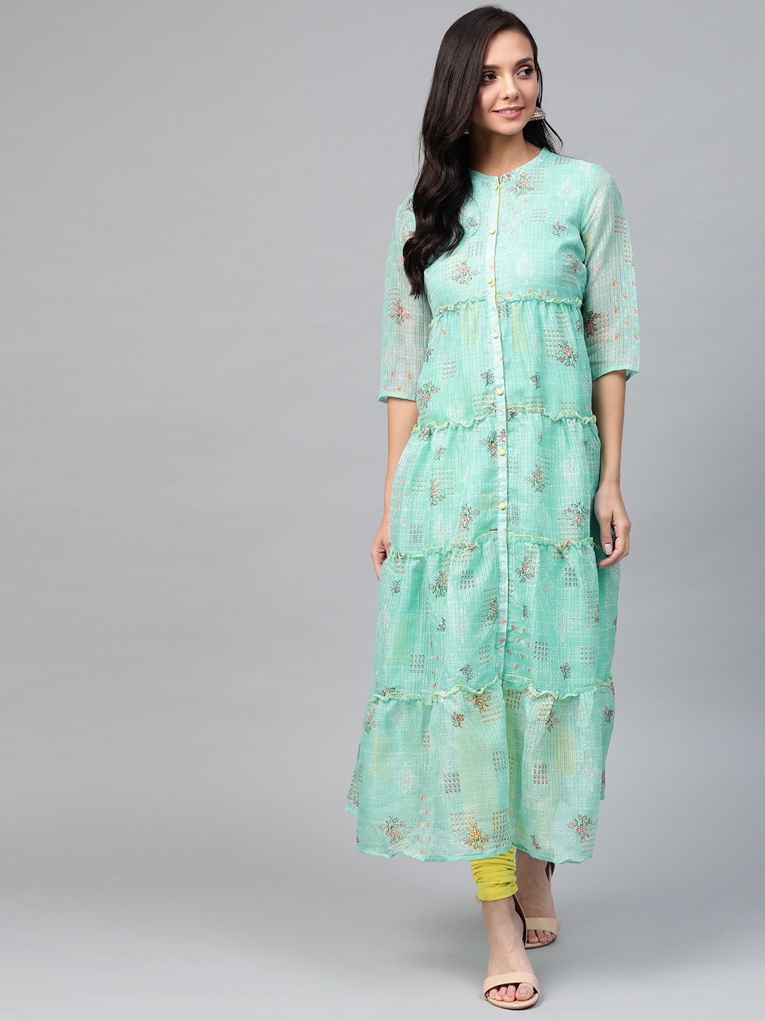 

AURELIA Women Sea Green & White Ethnic Print Tiered A-Line Kurta with Ruffled Detail