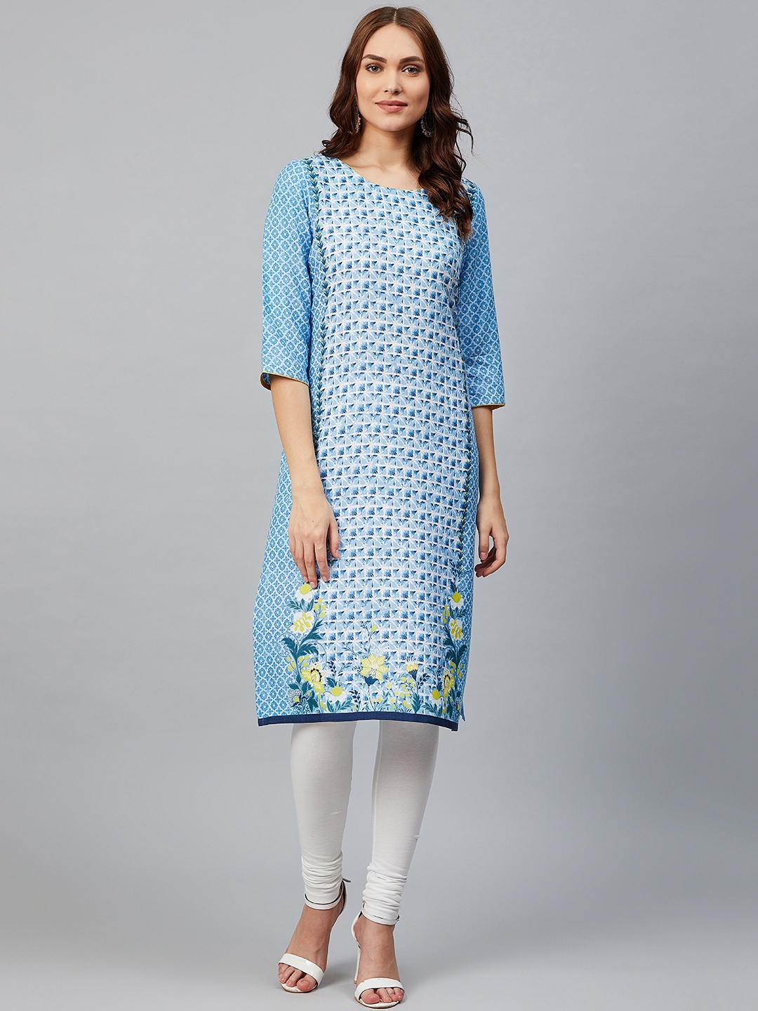 

AURELIA Women Blue & White Printed Straight Kurta