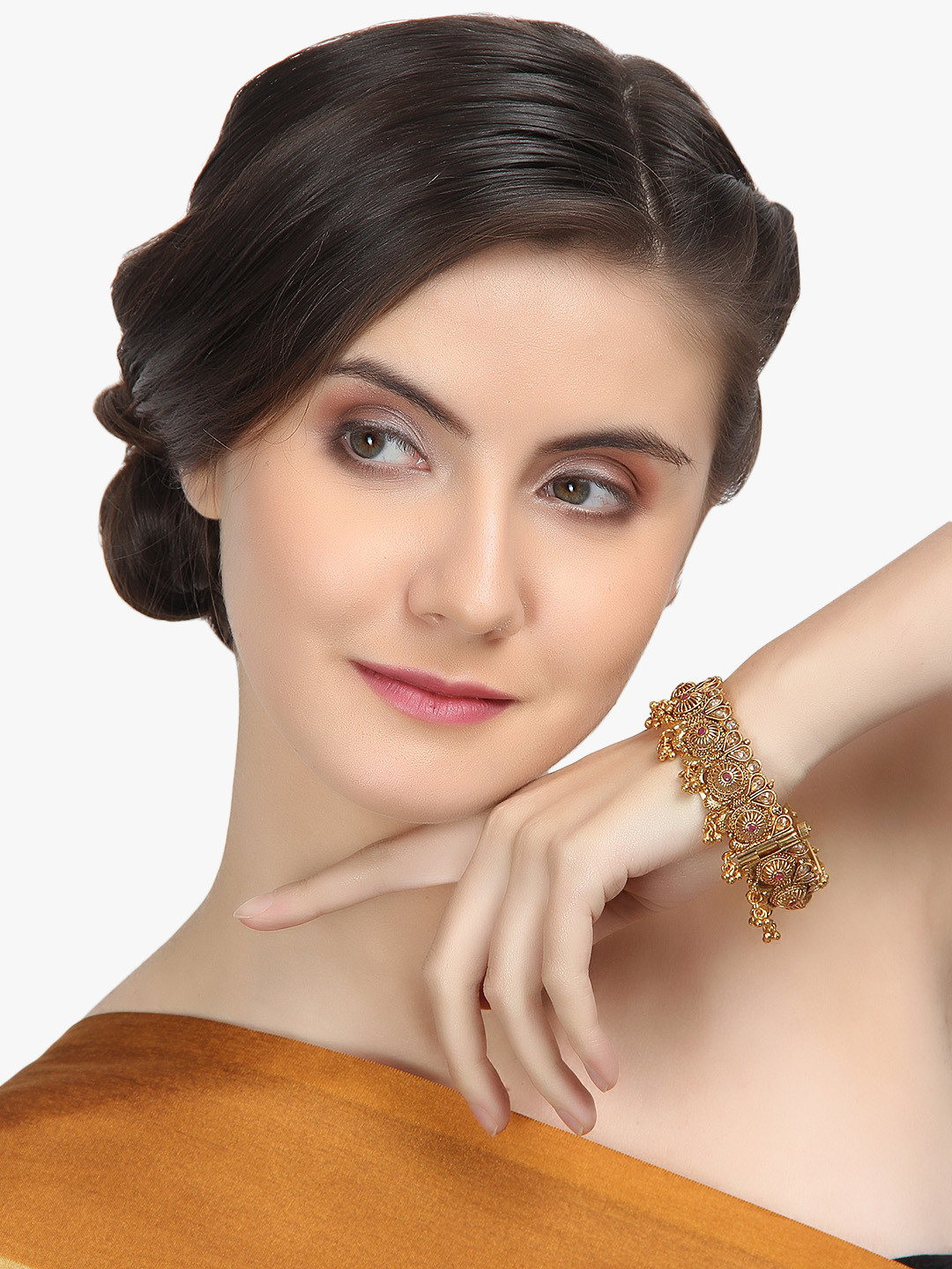 

Adwitiya Collection Set of 2 24K Gold-Plated & Pink Stone-Studded Handcrafted Embellished Designer Bangles