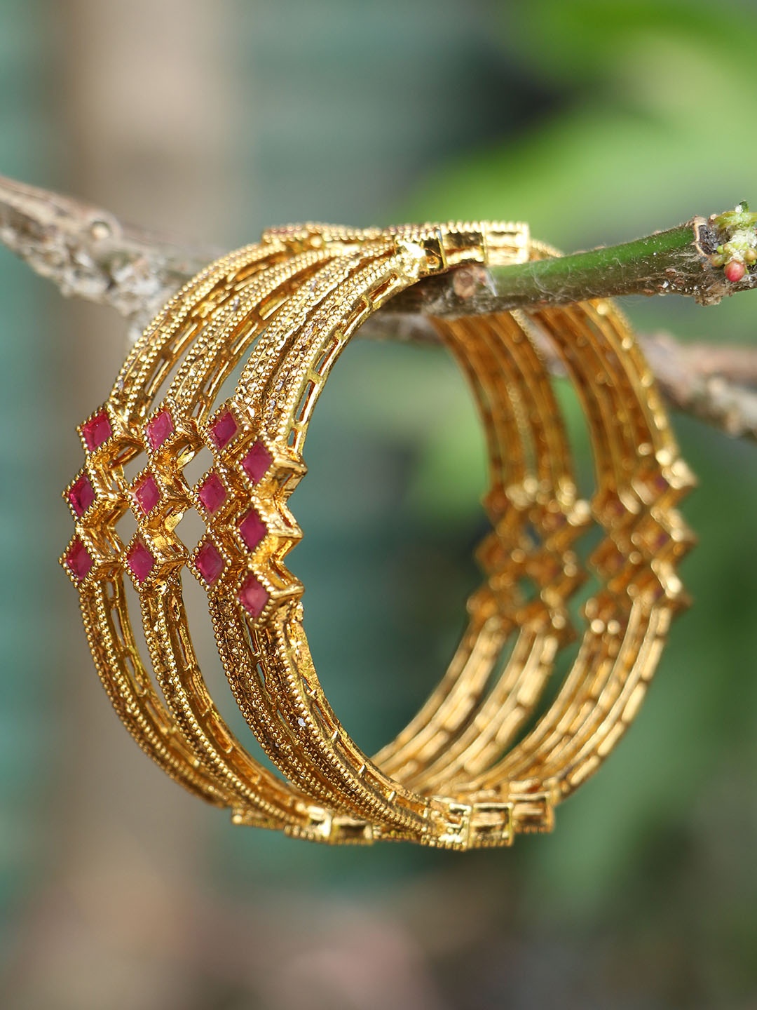 

Adwitiya Collection Set of 2 24K Gold-Plated Stone-Studded Handcrafted Embellished Designer Bangles