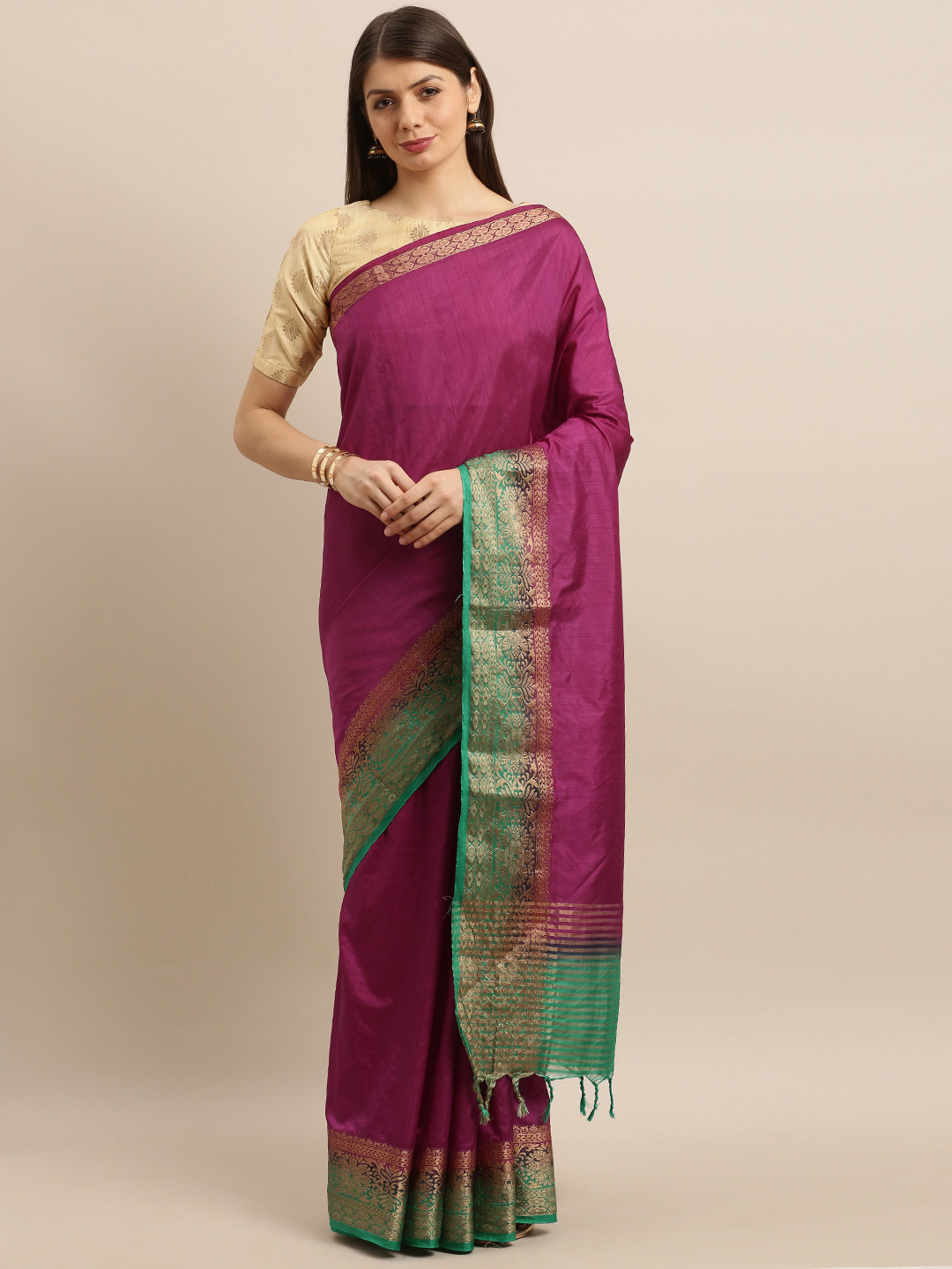 

Pisara Magenta Pink Silk Cotton Solid Banarasi Saree