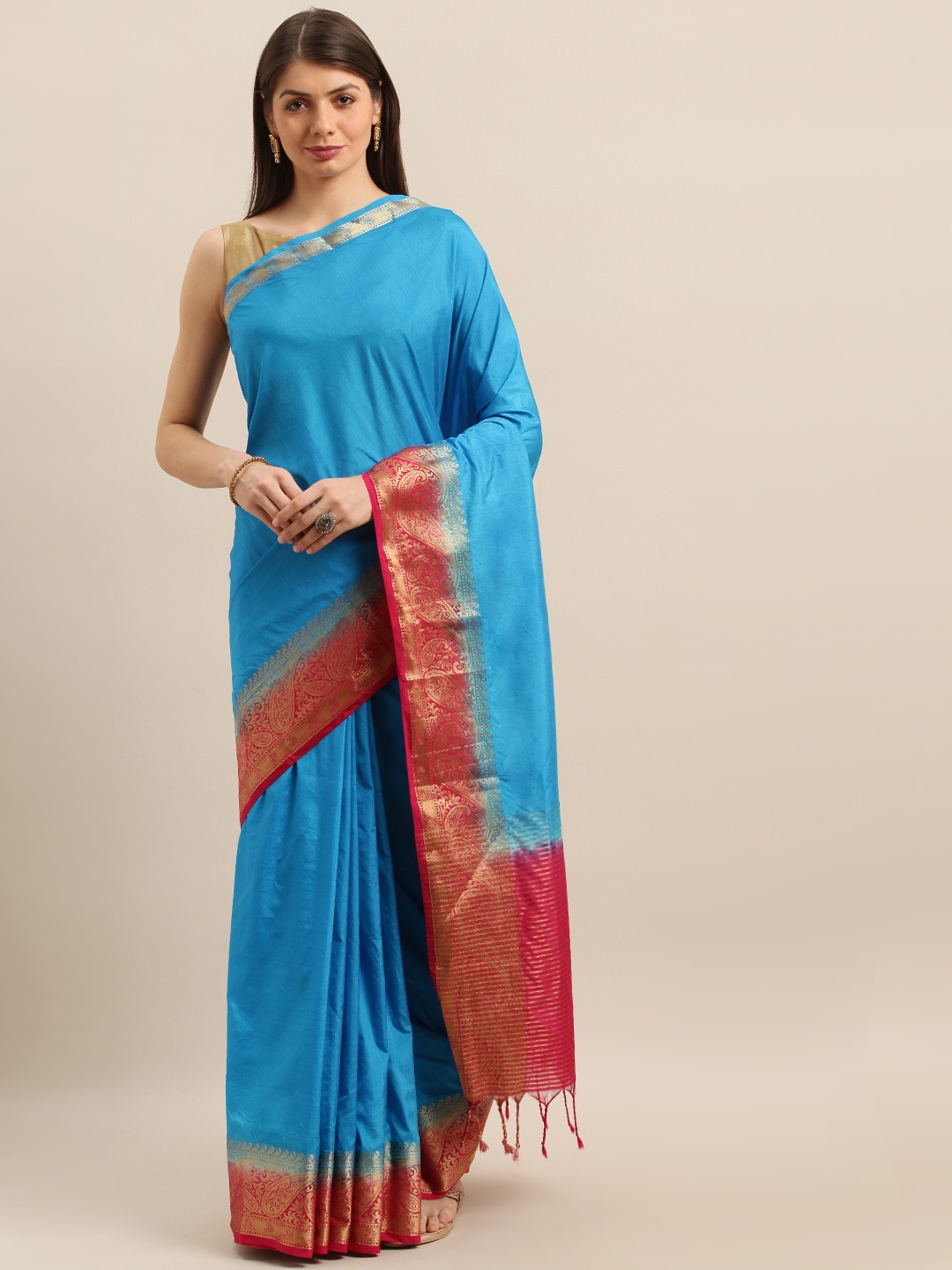

Pisara Blue & Pink Silk Cotton Solid Banarasi Saree