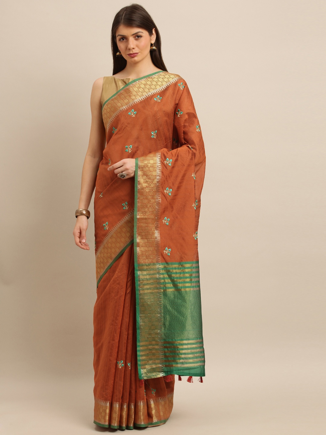 

Pisara Rust & Green Silk Cotton Woven Design Banarasi Saree