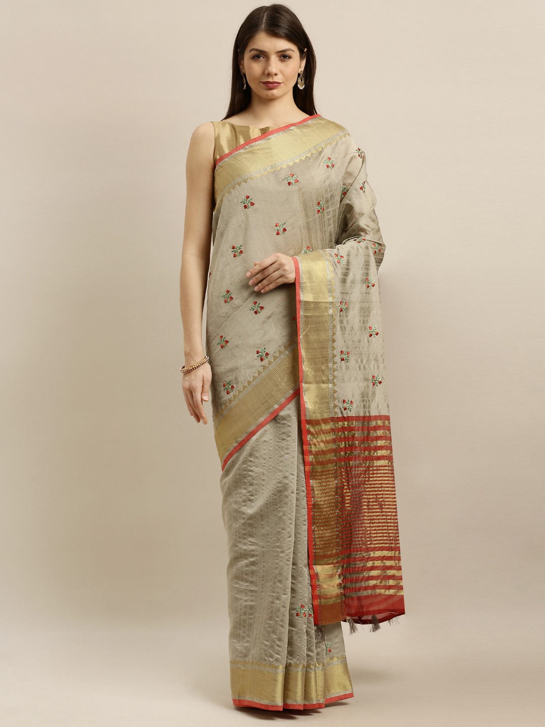 

Pisara Grey & Red Silk Cotton Embroidered Banarasi Saree