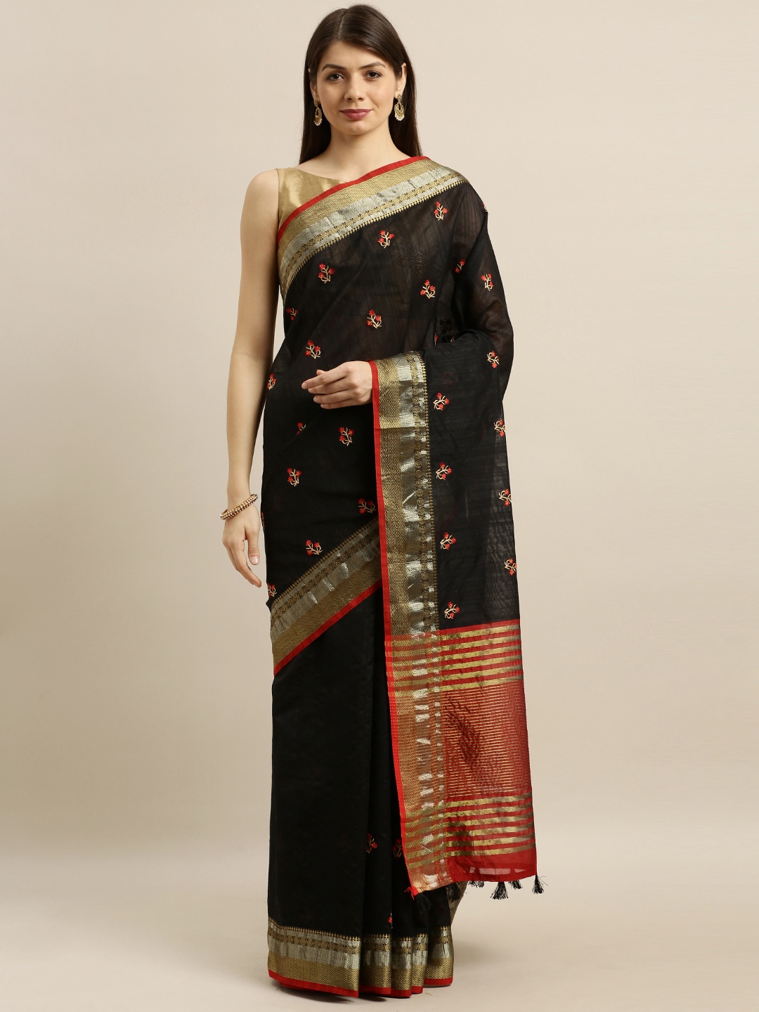 

Pisara Black & Red Silk Cotton Embroidered Banarasi Saree