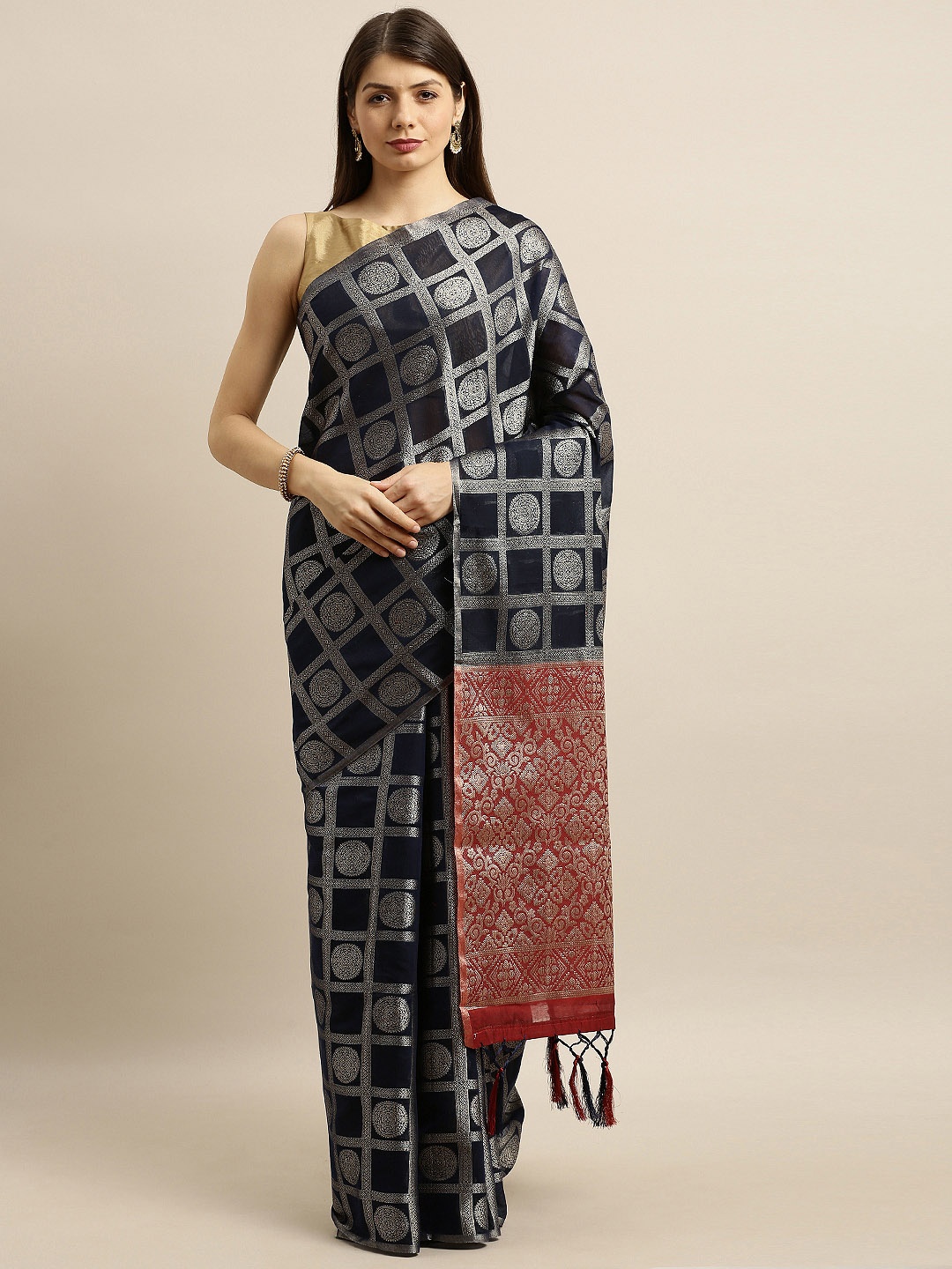 

Pisara Navy Blue & Red Silk Cotton Woven Design Banarasi Saree