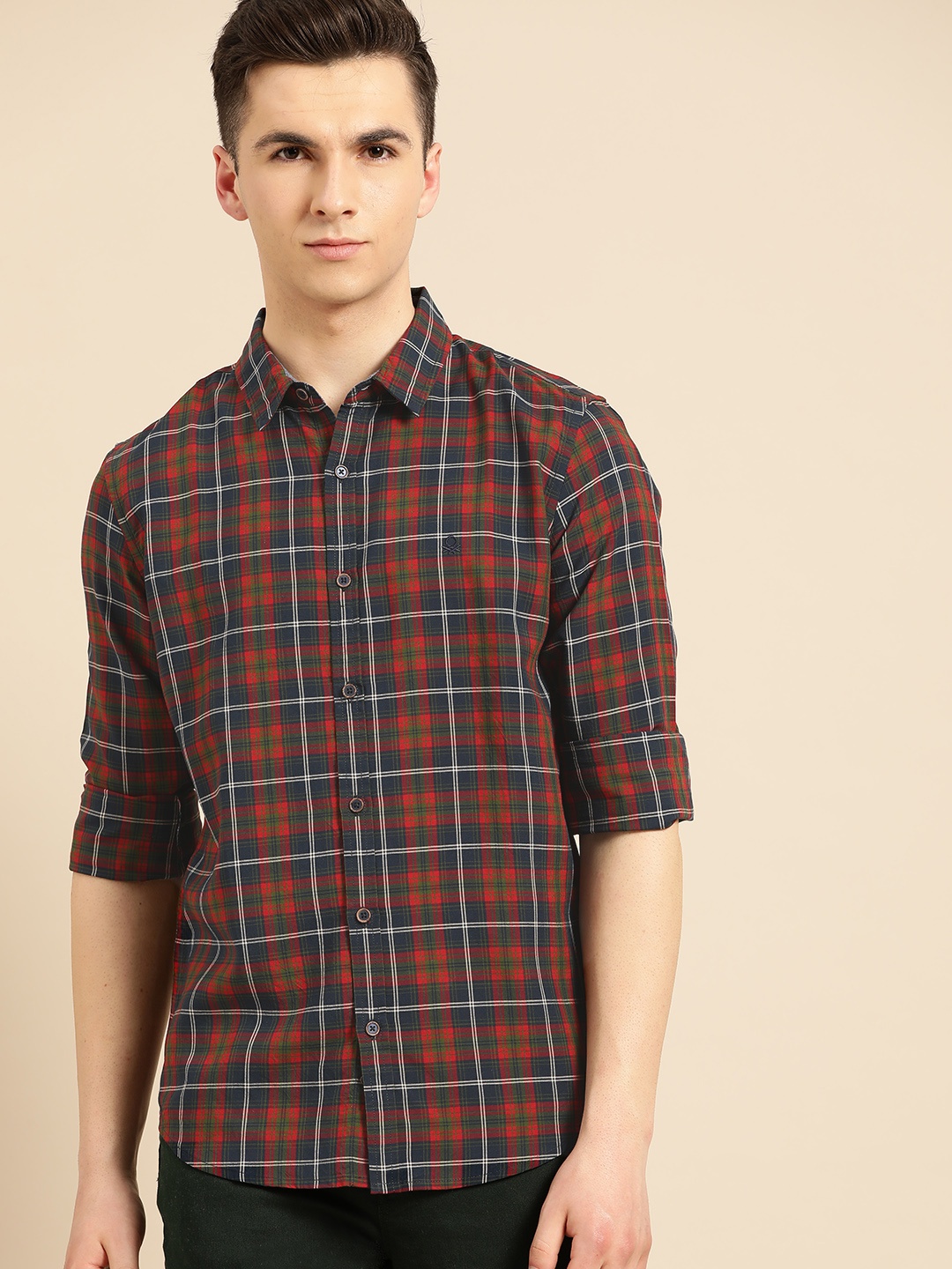 

United Colors of Benetton Men Navy Blue & Red Slim Fit Checked Casual Shirt