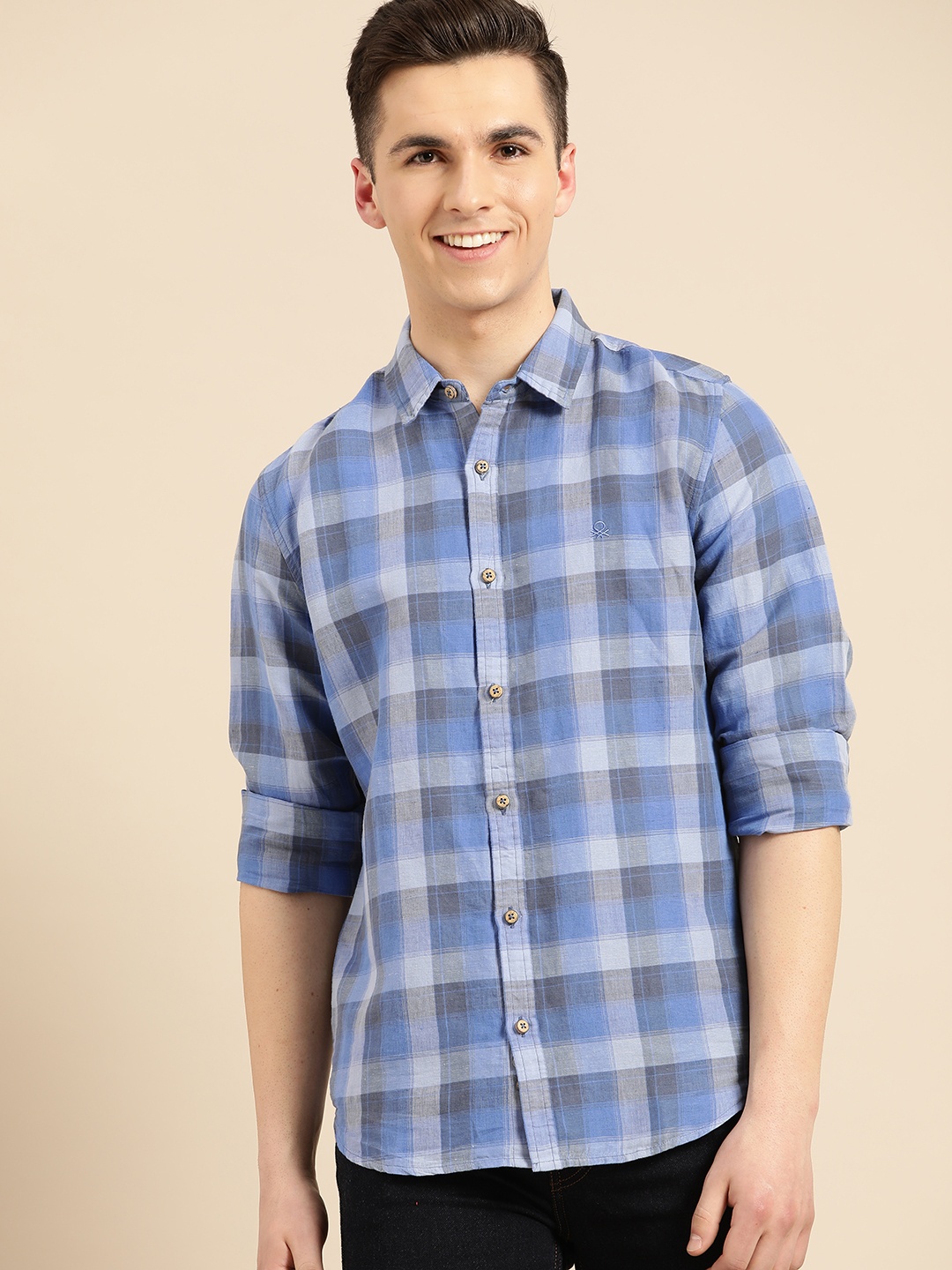 

United Colors of Benetton Men Blue & Grey Slim Fit Checked Casual Shirt