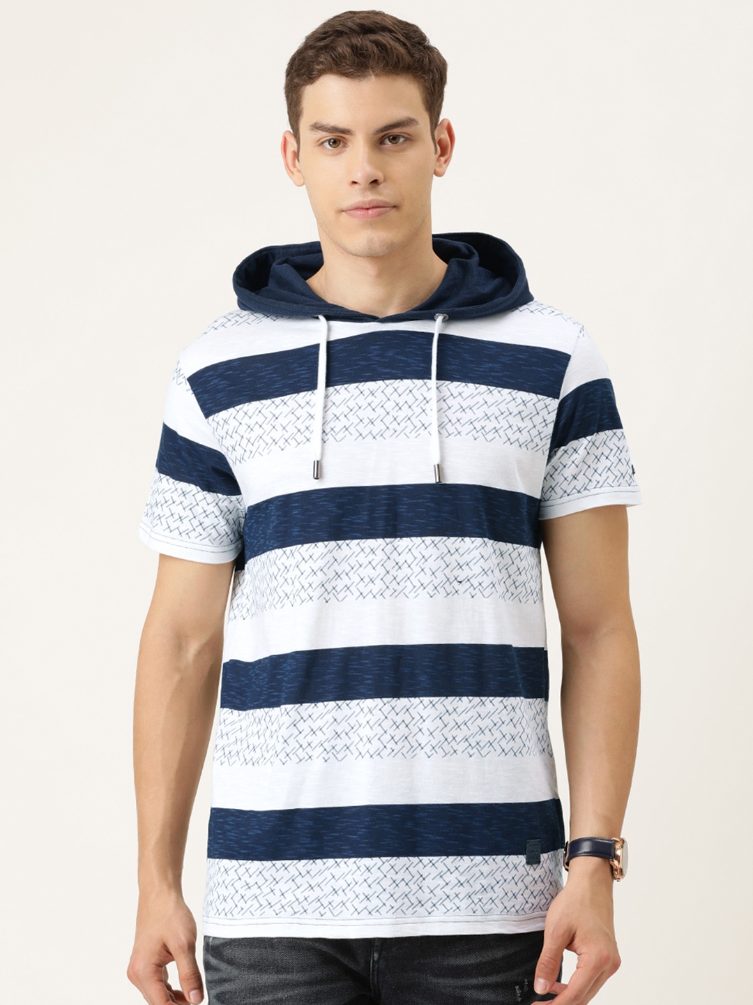 

Lee Cooper Men White Navy Striped Hooded Pure Cotton T-shirt