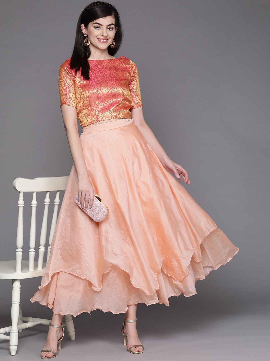 

Inddus Women Peach-Coloured Solid Layered Maxi Flared Skirt