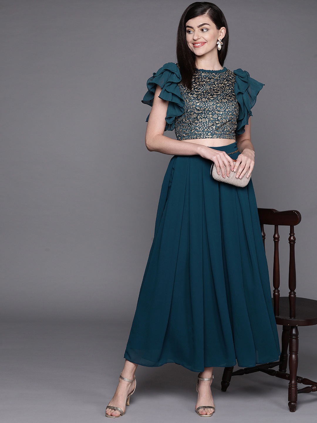 

Inddus Teal Blue Floral Embroidered Crop Top