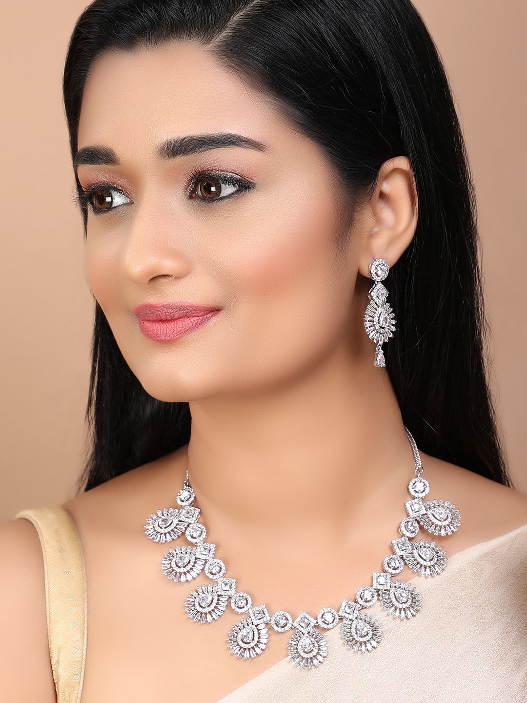 

Rubans Silver-Plated & White CZ Stone-Studded Handcrafted Statement Jewellery Set