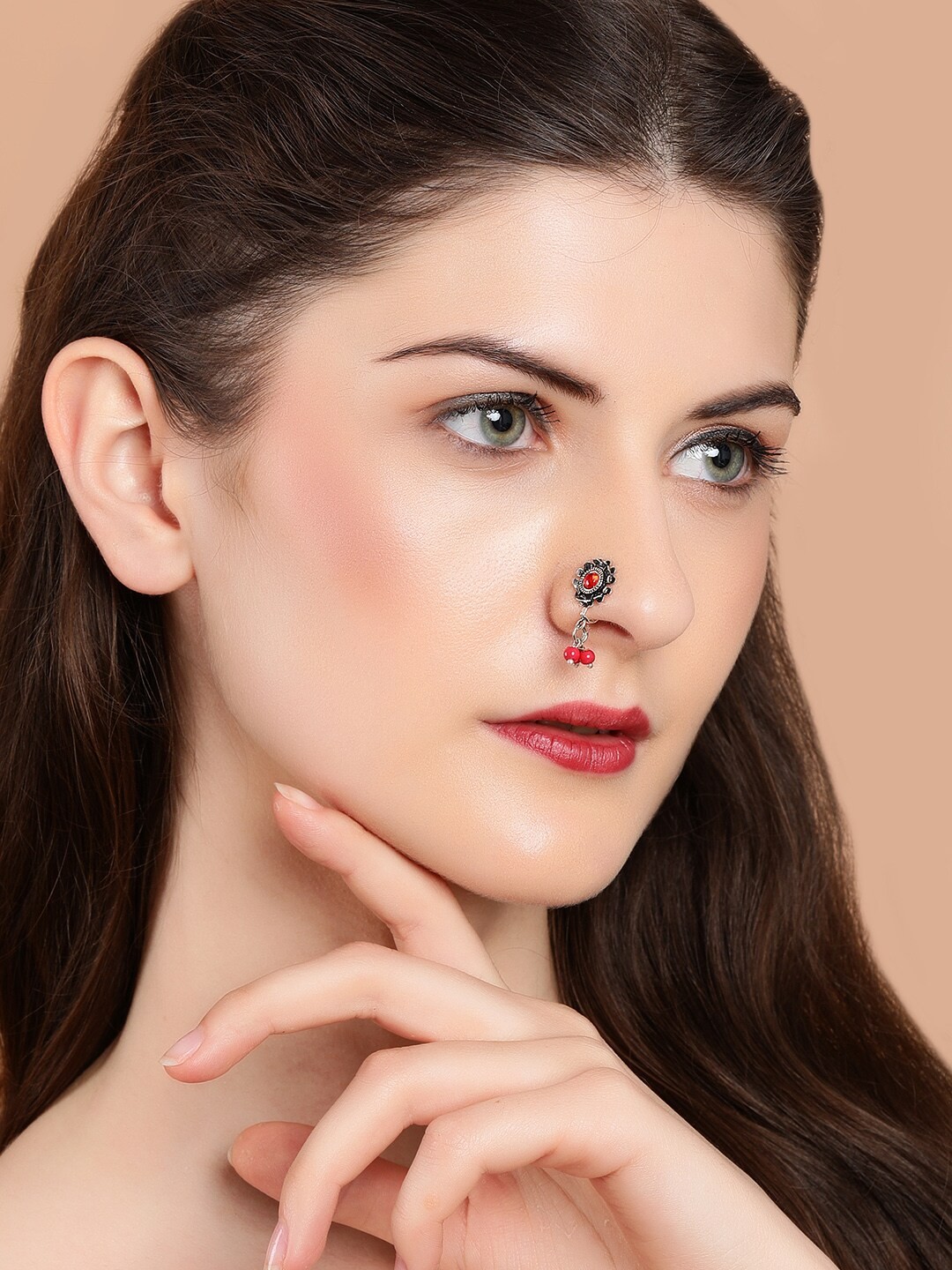 

Rubans Oxidised Silver-Plated & Red Stone-Studded & Beaded Handcrafted Nose Pin