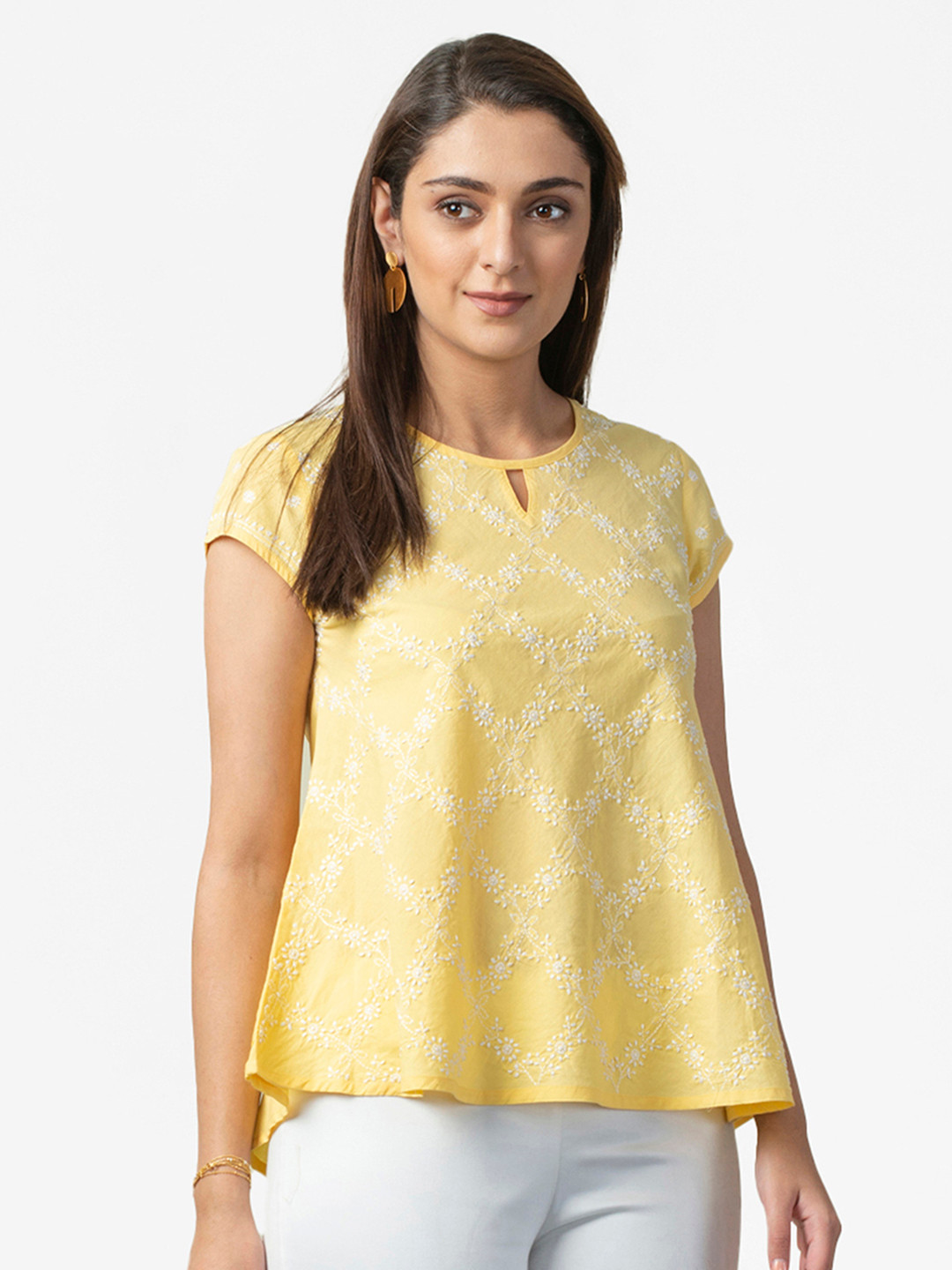 

Fabindia Yellow & White Chikankari Embroidered Keyhole Neck Pure Cotton High-Low Top