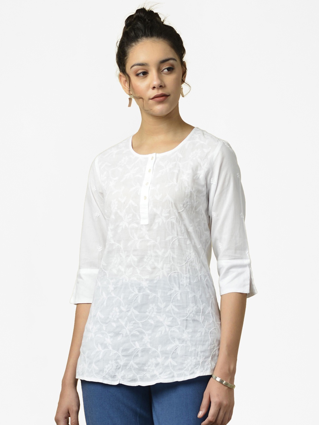 

Fabindia Women White Pure Cotton Chikankari Embroidered A-Line Kurti