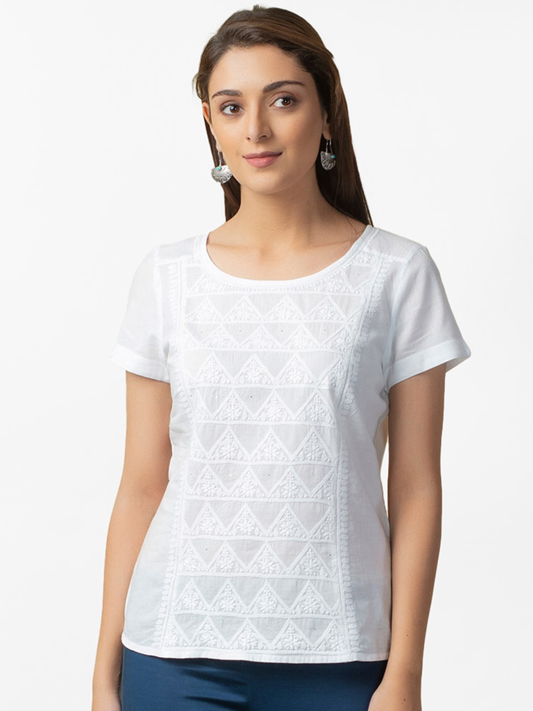 

Fabindia Women White Pure Cotton Chikankari Embroidered Top