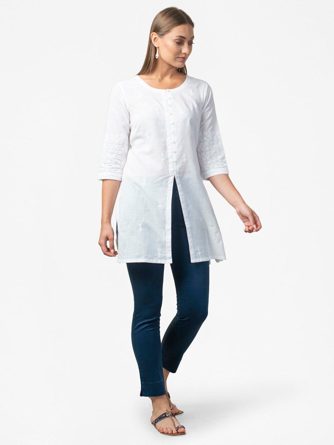 

Fabindia Women White Pure Cotton Chikankari Embroidered Tunic