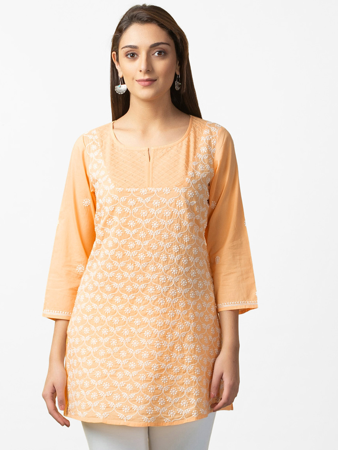 

Fabindia Women Yellow & White Pure Cotton Chicken Embroidered Tunic