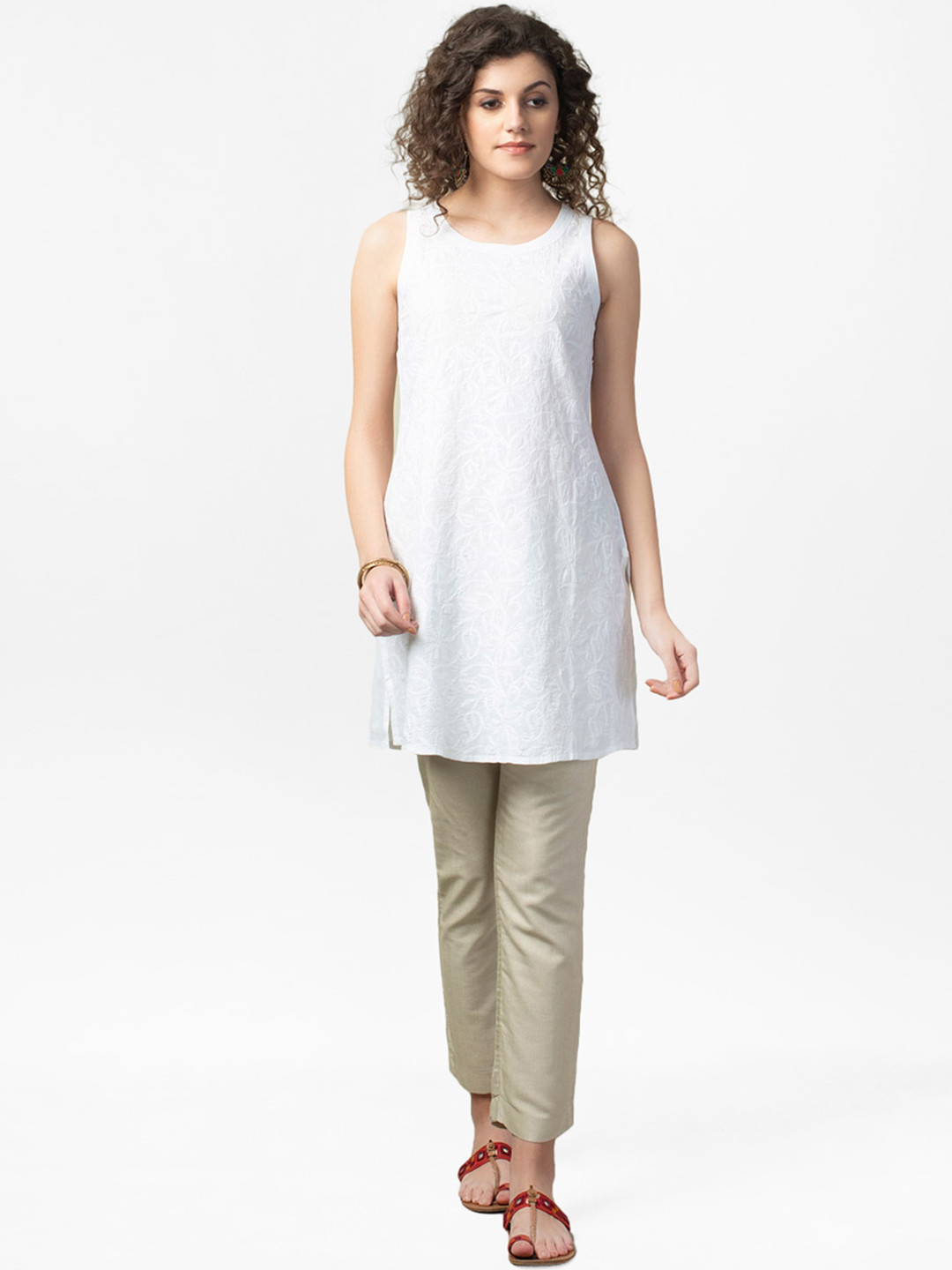 

Fabindia Women White Pure Cotton Chikankari Embroidered Tunic