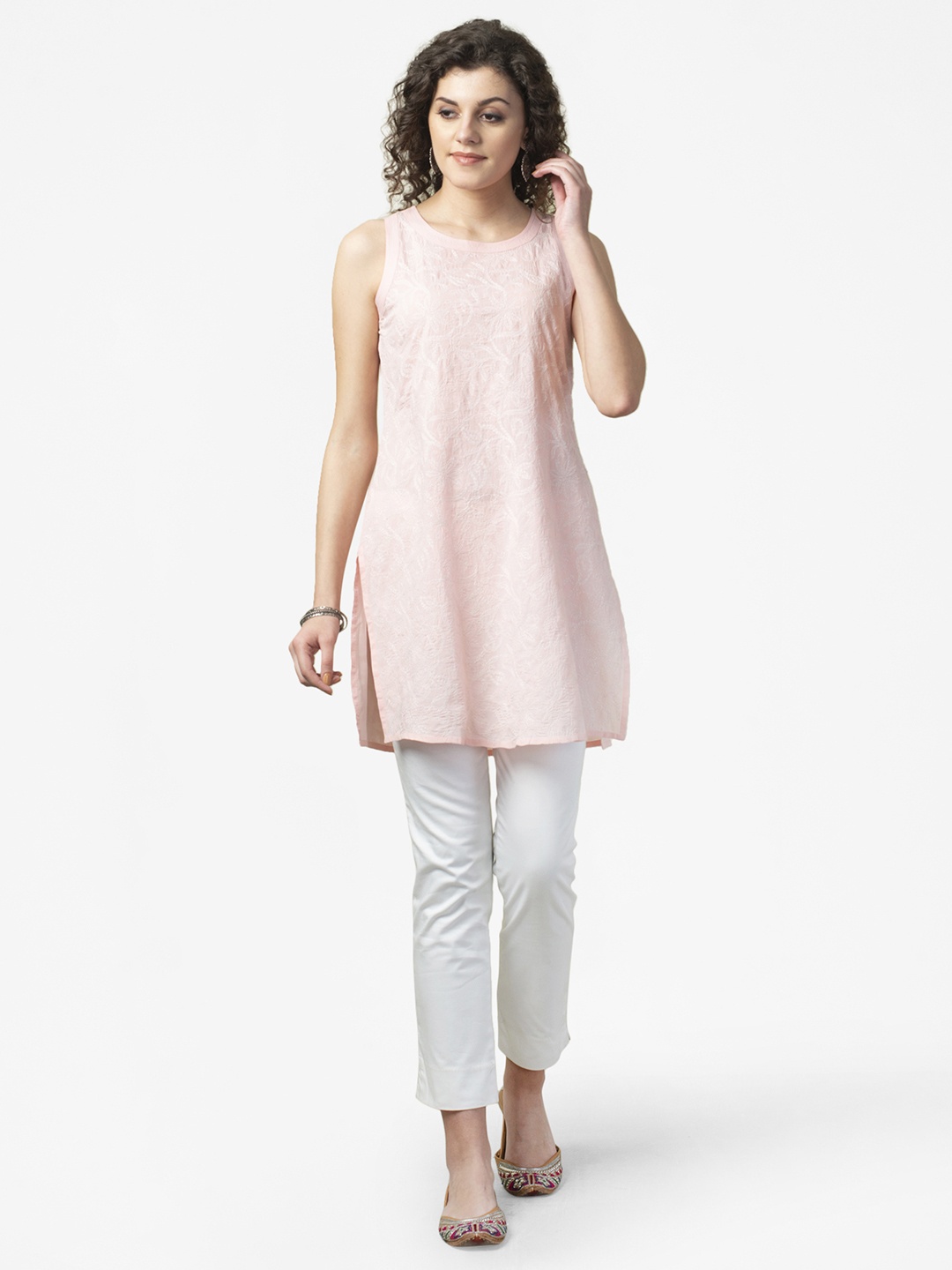 

Fabindia Women Pink & White Pure Cotton Chikankari Embroidered Tunic