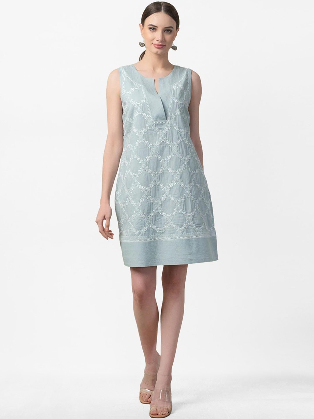 

Fabindia Women Grey & White Chikankari Embroidered A-Line Dress
