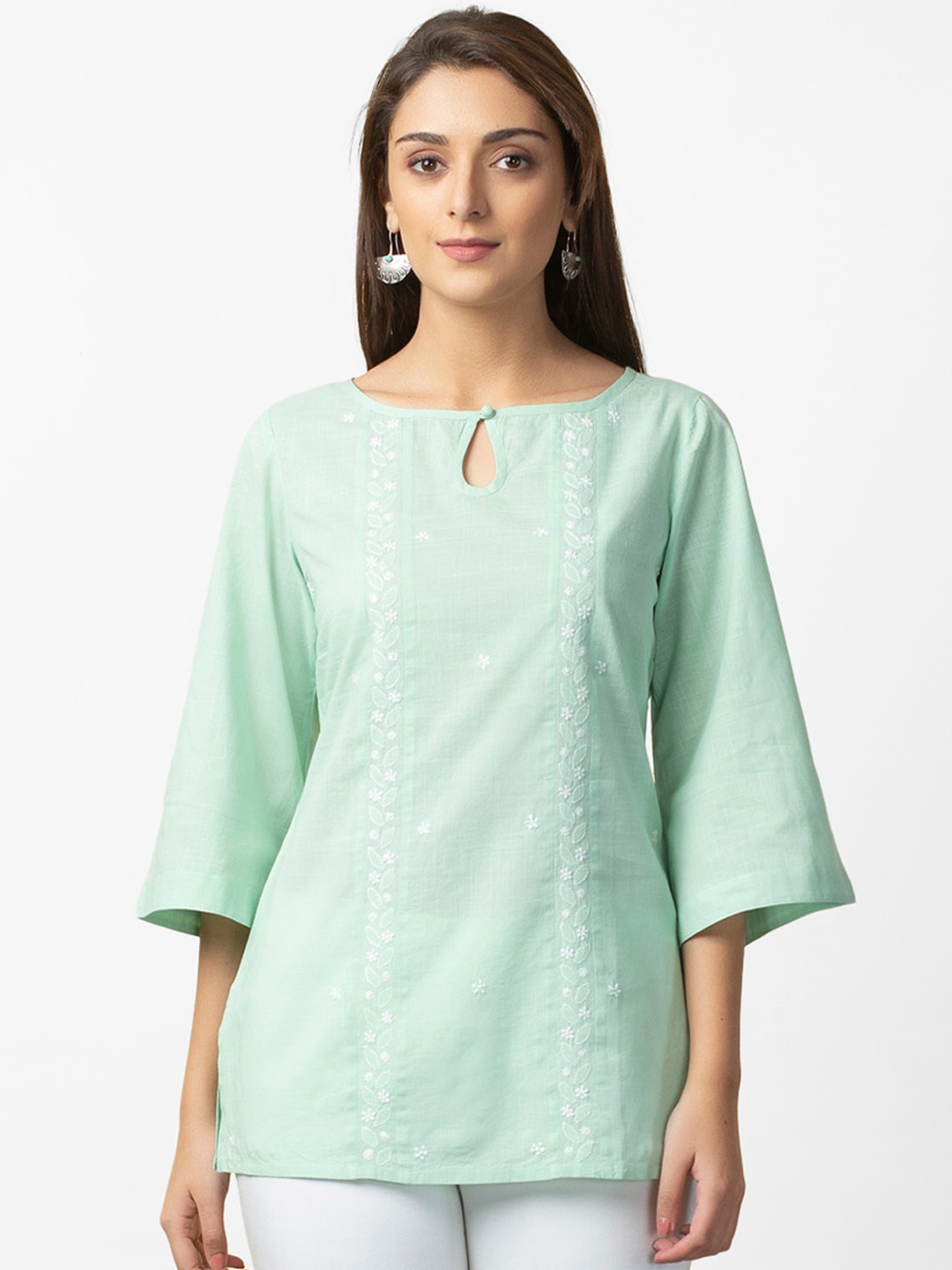

Fabindia Green Chikankari Embroidered A-Line Top