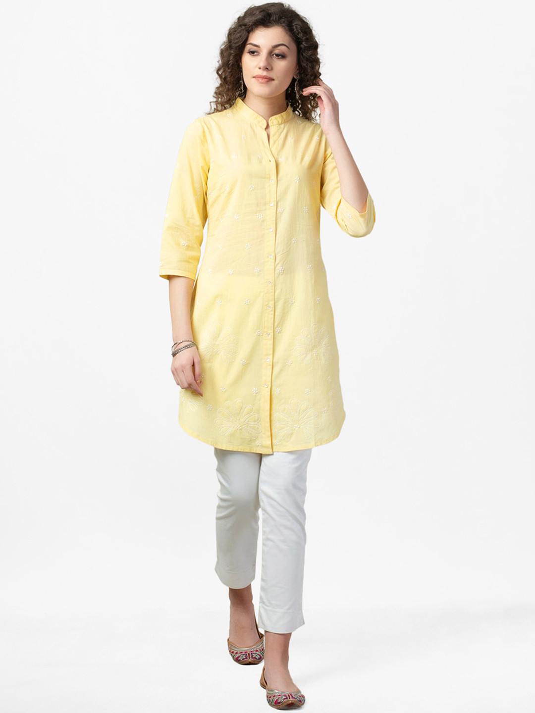 

Fabindia Women Yellow & White Pure Cotton Chikankari Embroidered Tunic