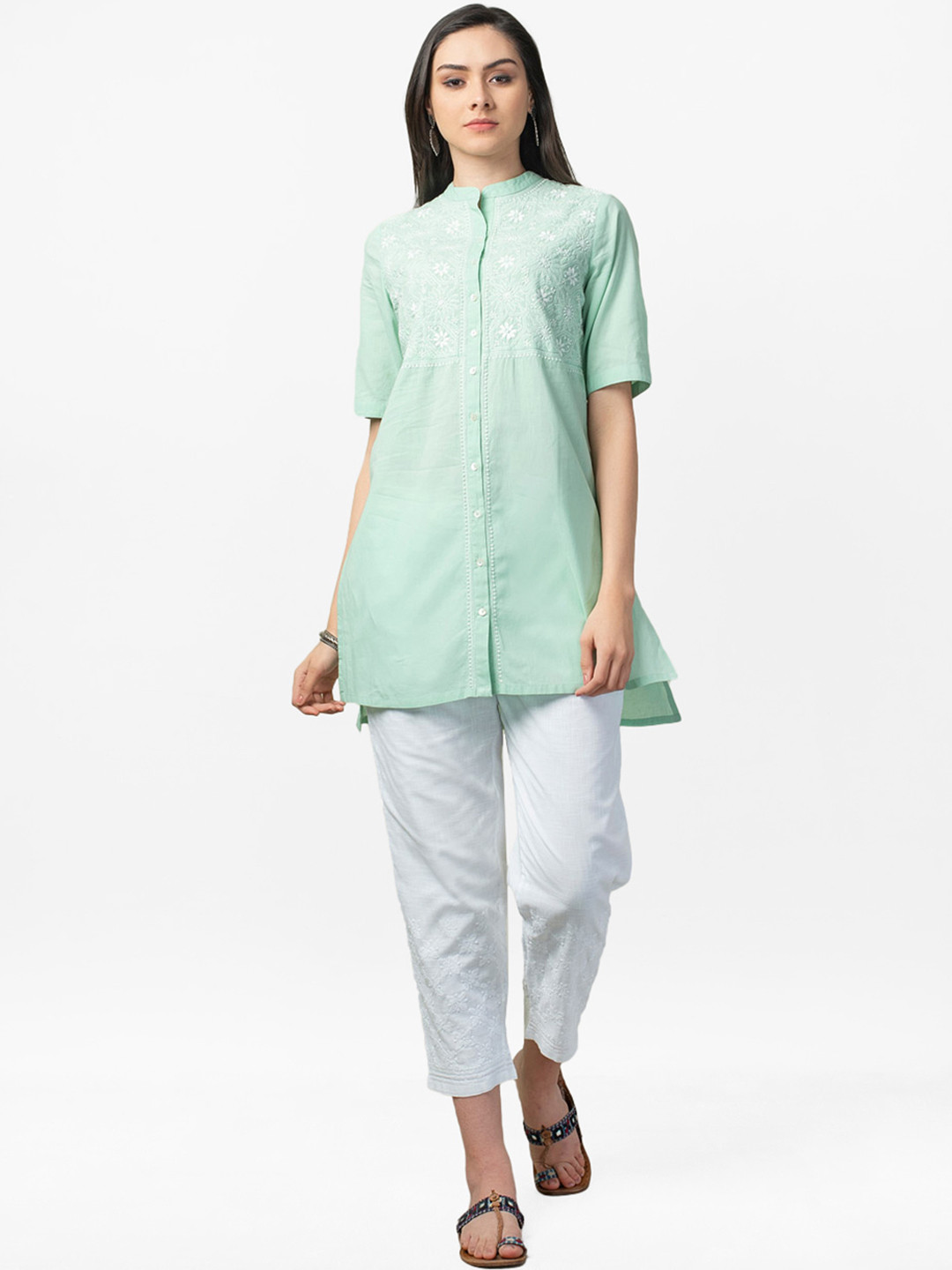 

Fabindia Women Green & White Chikankari Embroidered A-Line Tunic