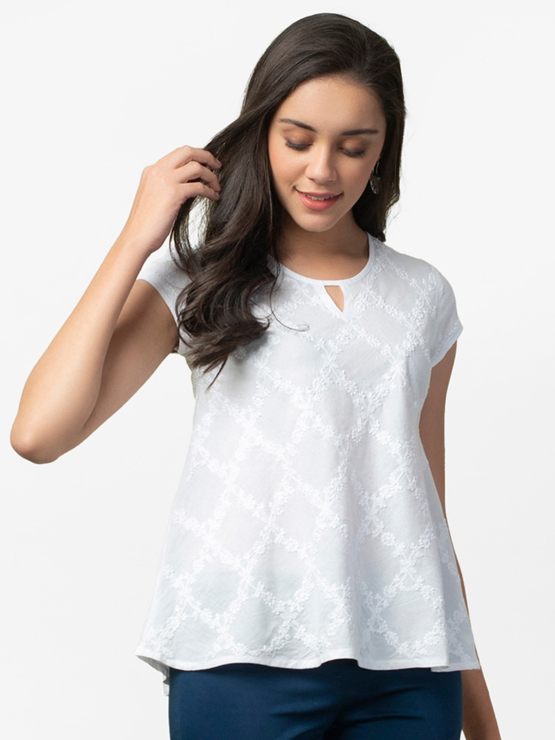 

Fabindia White Chikankari Embroidered Pure Cotton A-Line Top