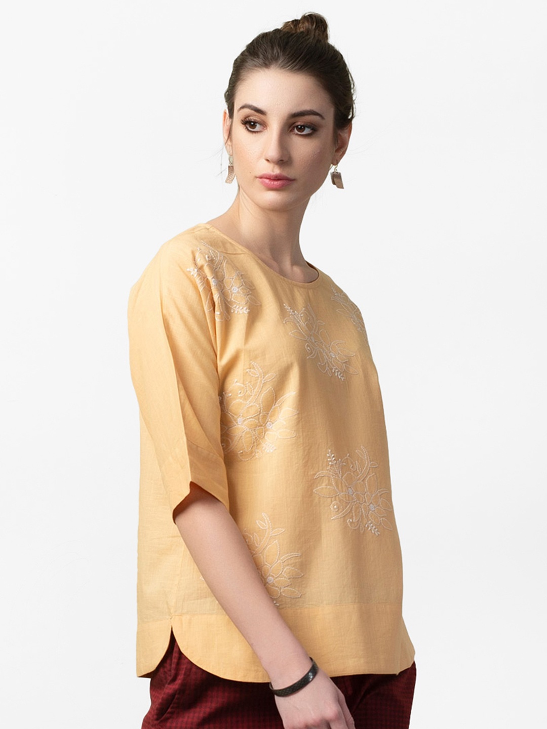 

Fabindia Women Yellow & White Chikankari Embroidered A-Line Top