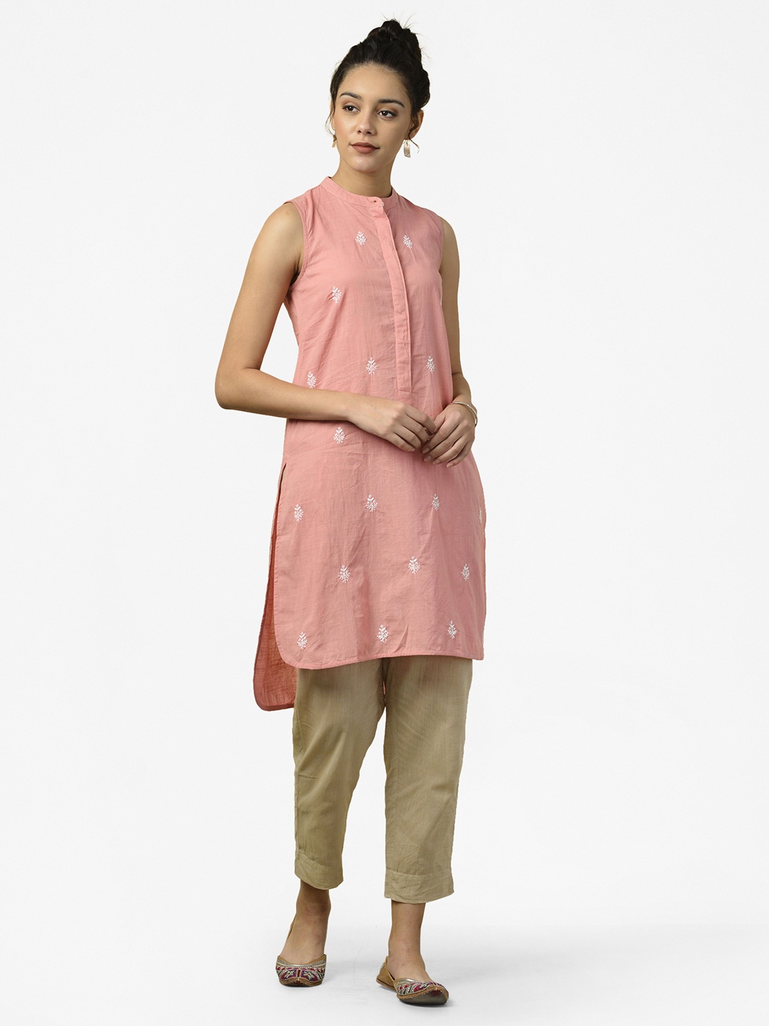 

Fabindia Women Pink & White Chikankari Embroidered High-Low Tunic