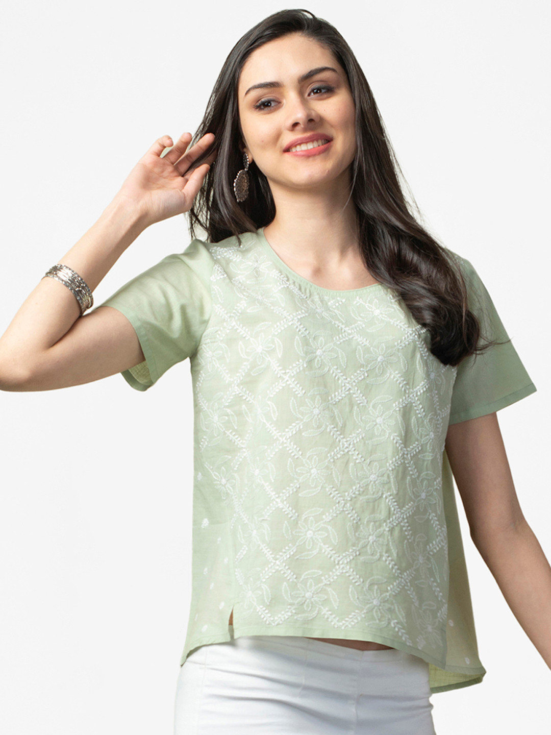 

Fabindia Green & White Floral Chikankari Embroidered Pure Cotton Regular Top