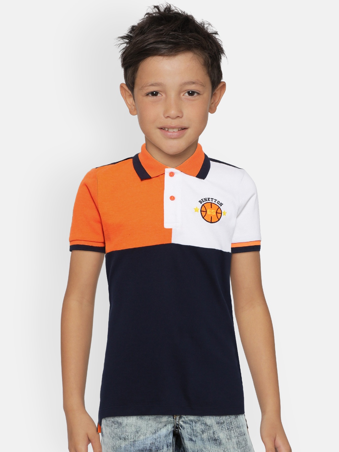 

United Colors of Benetton Boys Navy Blue and Orange Colourblocked Polo Collar Pure Cotton T-shirt