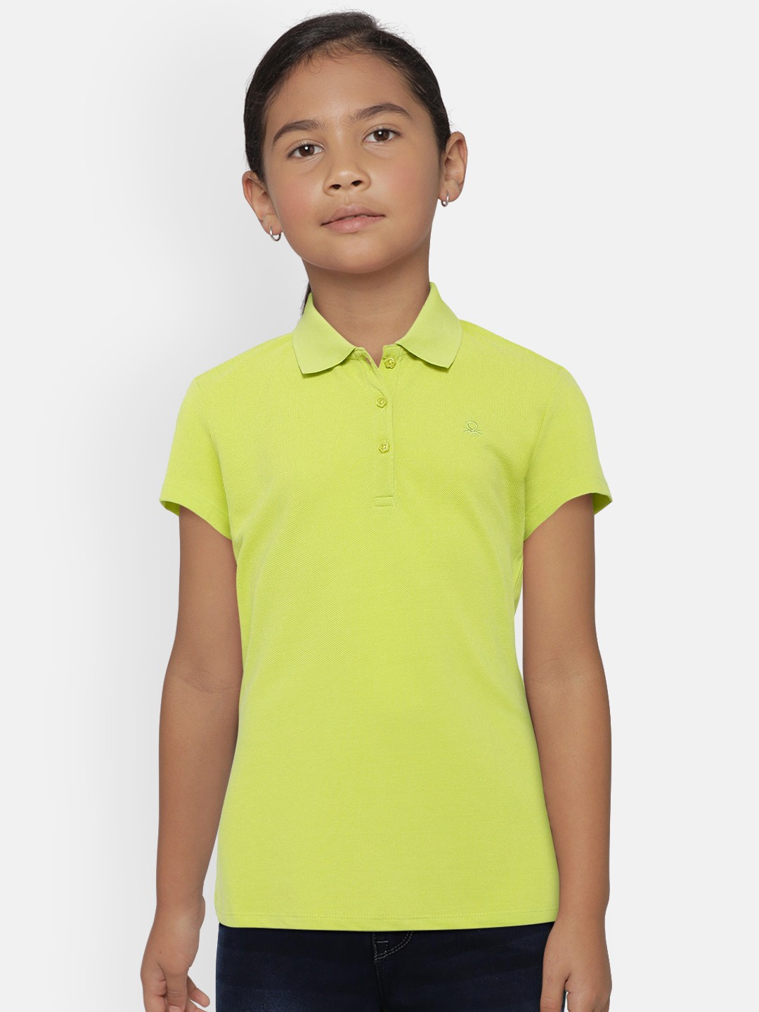 

United Colors of Benetton Girls Lime Green Solid Polo Collar Pure Cotton T-shirt