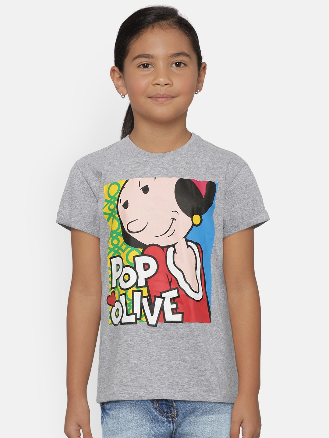 

United Colors of Benetton Girls Grey Melange Red Olive Oyl Print Round Neck Pure Cotton T-shirt