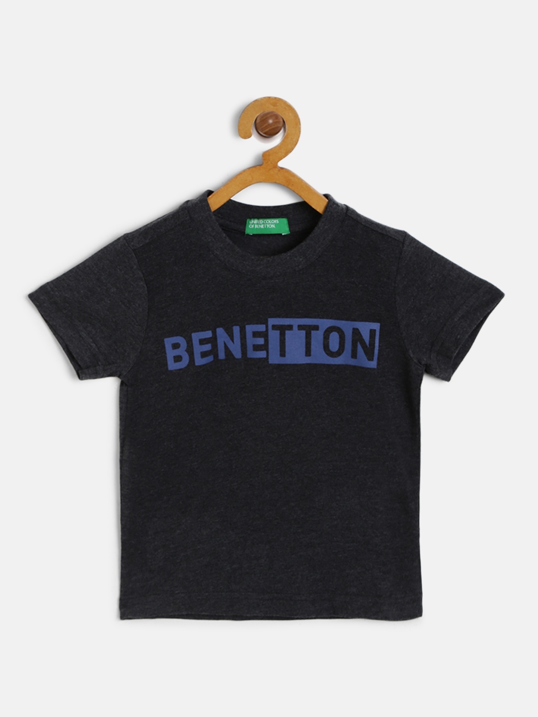 

United Colors of Benetton Boys Charcoal Grey & Blue Brand Logo Print Round Neck T-shirt