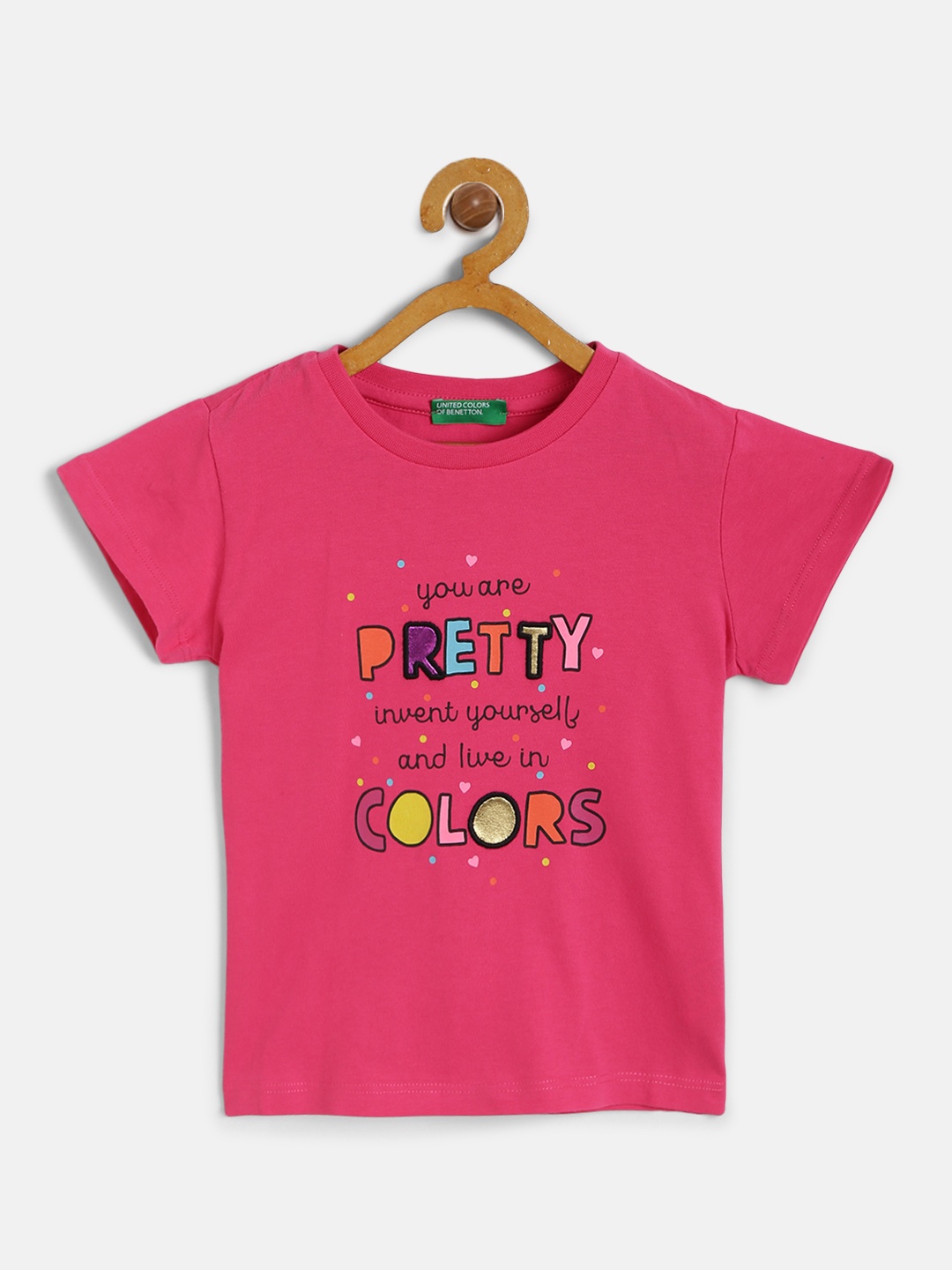 

United Colors of Benetton Girls Fuchsia Pink Printed Round Neck Pure Cotton T-shirt