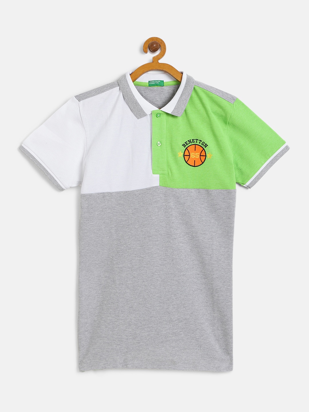

United Colors of Benetton Boys Grey Melange White Colourblocked Polo Collar Pure Cotton T-shirt