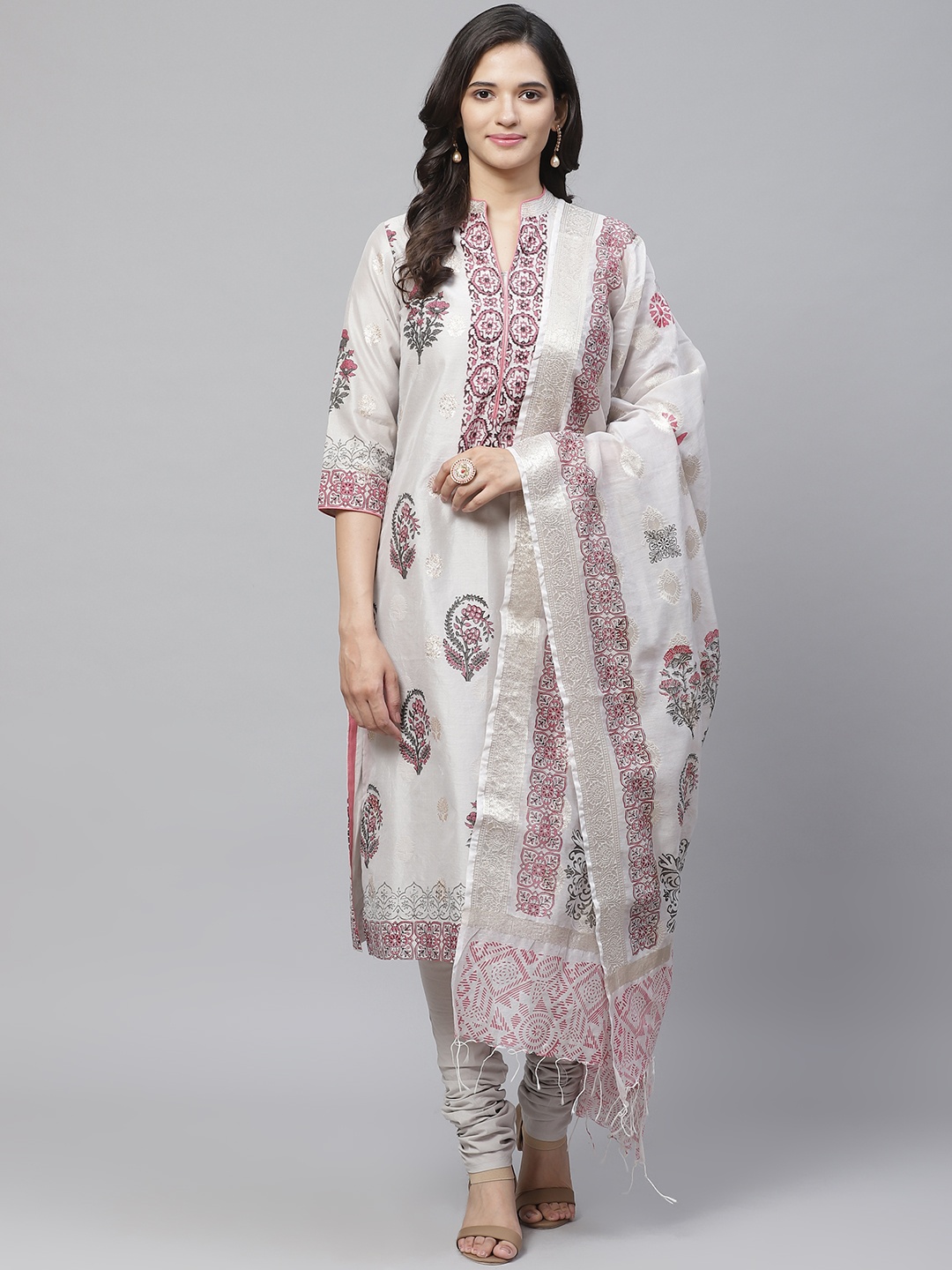 

Biba Women Grey & Pink Floral Printed Kurta with Churidar & Dupatta