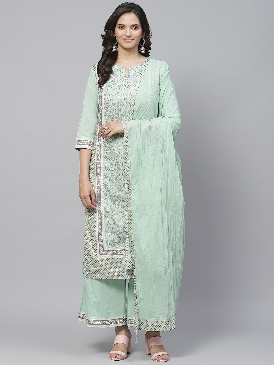 

Biba Women Green Printed Kurta with Palazzos & Dupatta