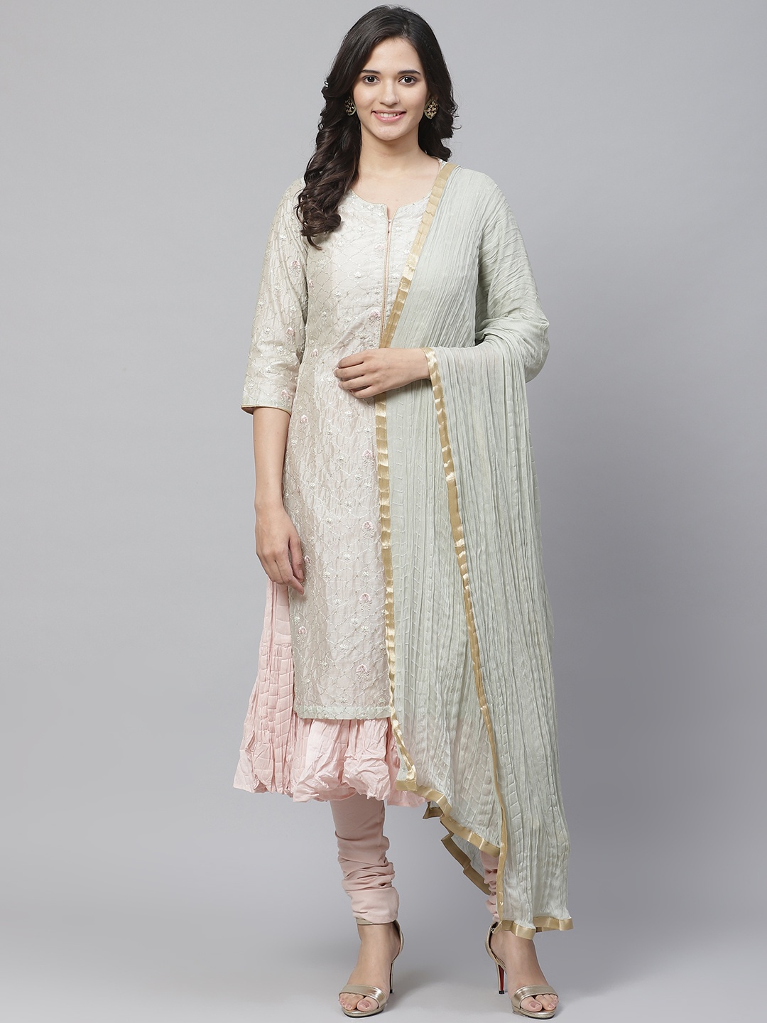 

Biba Women Sea Green & Pink Embroidered Layered Kurta with Churidar & Dupatta