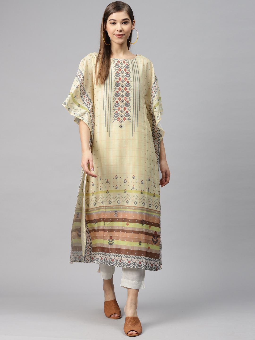 

Biba Women Yellow & Navy Blue Printed Kaftan Kurta