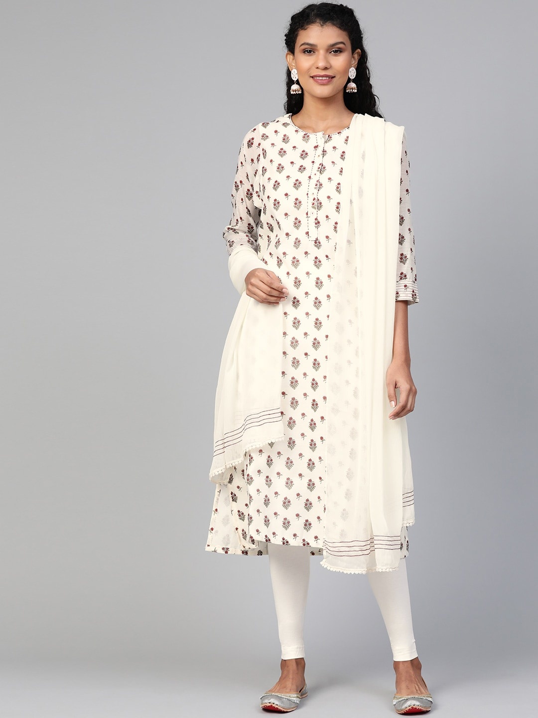 

Biba Women Off-White & Maroon Floral Print Kurta with Churidar & Dupatta