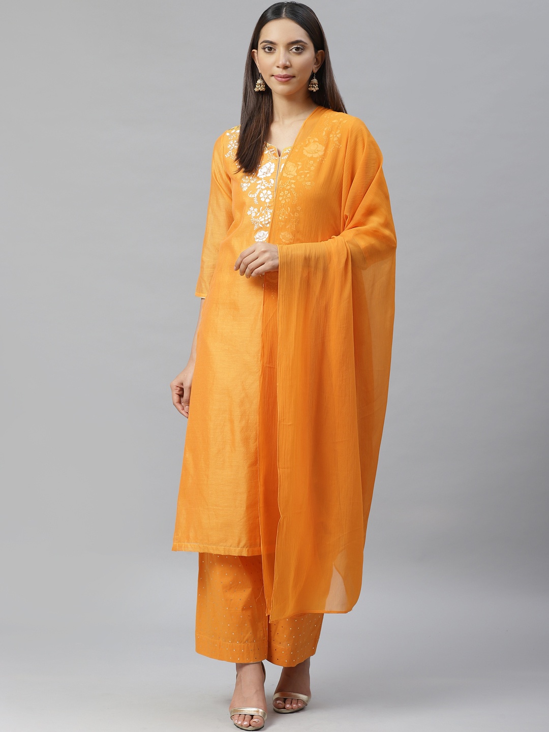 

Biba Women Yellow & Golden Yoke Design Kurta with Palazzos & Dupatta