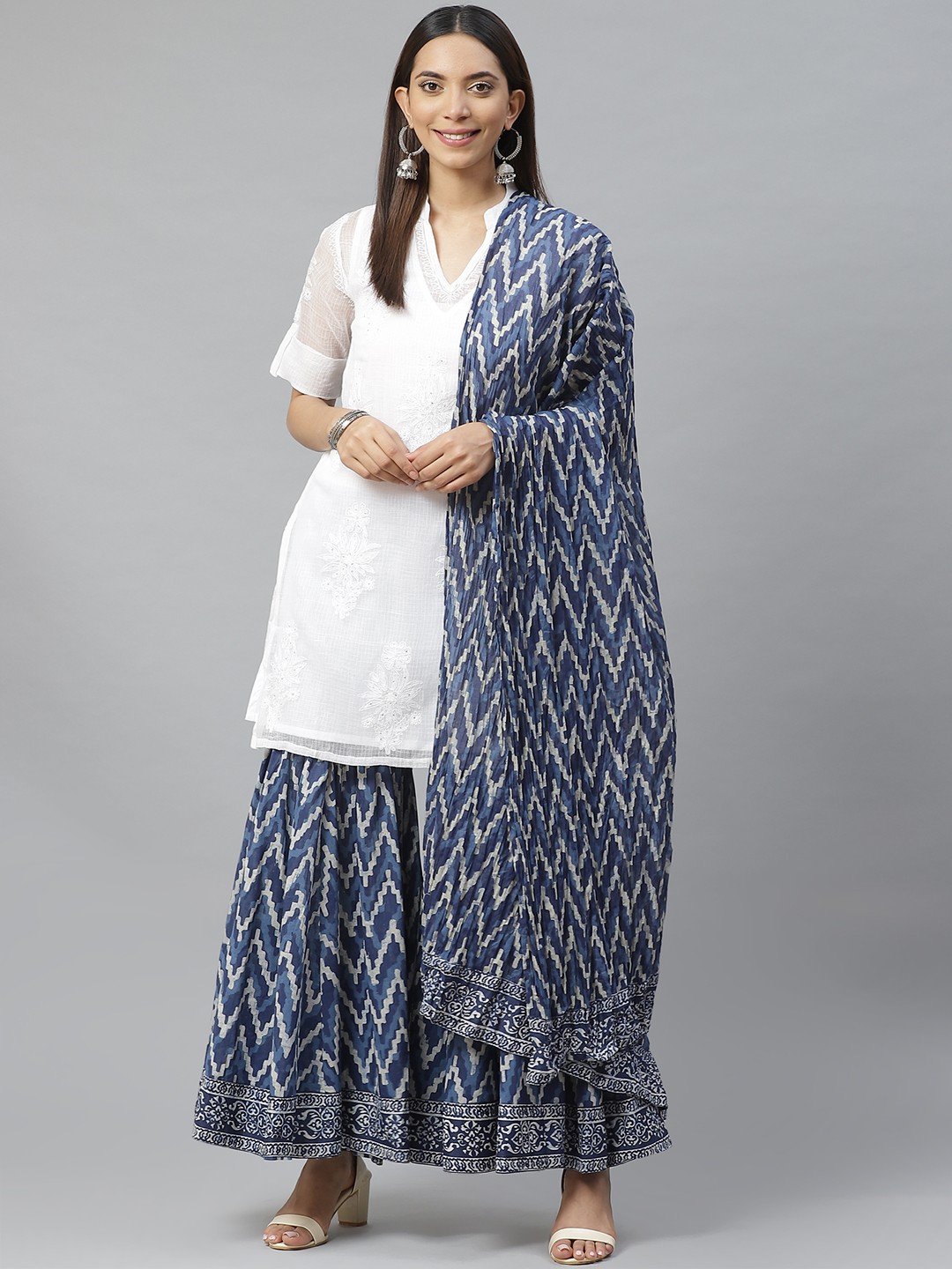 

Biba Women White & Navy Blue Chikankari Embroidered Kurta with Sharara & Dupatta