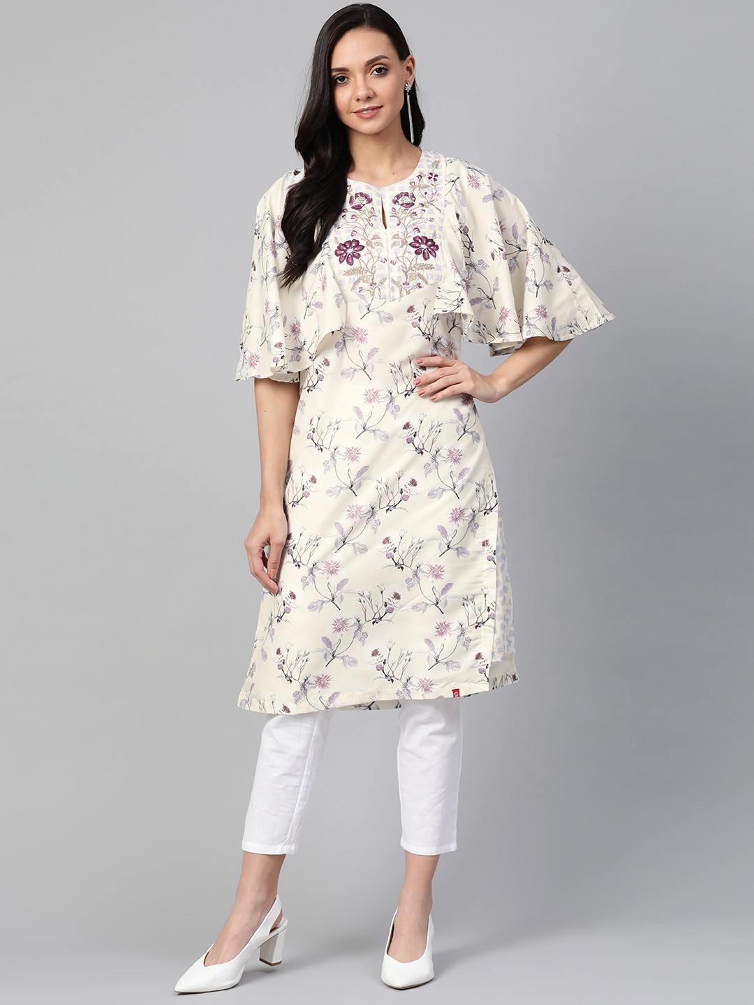 

Biba Women Cream-Coloured & Mauve Printed A-Line Kurta