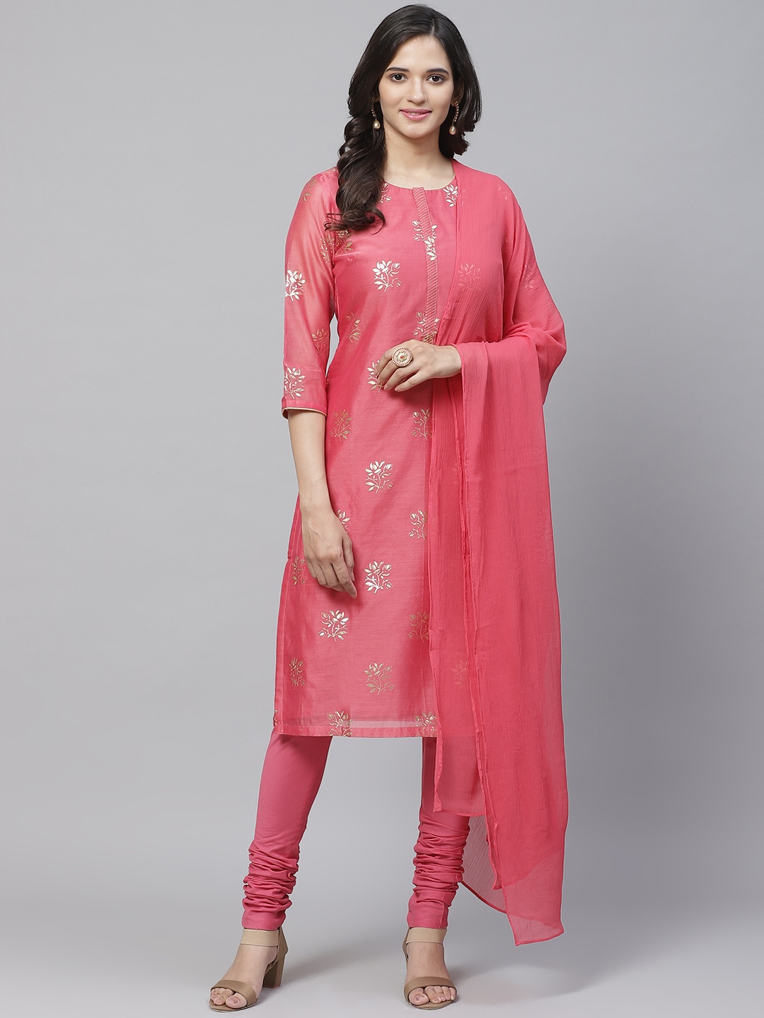

Biba Women Pink & Golden Floral Printed Kurta with Churidar & Dupatta