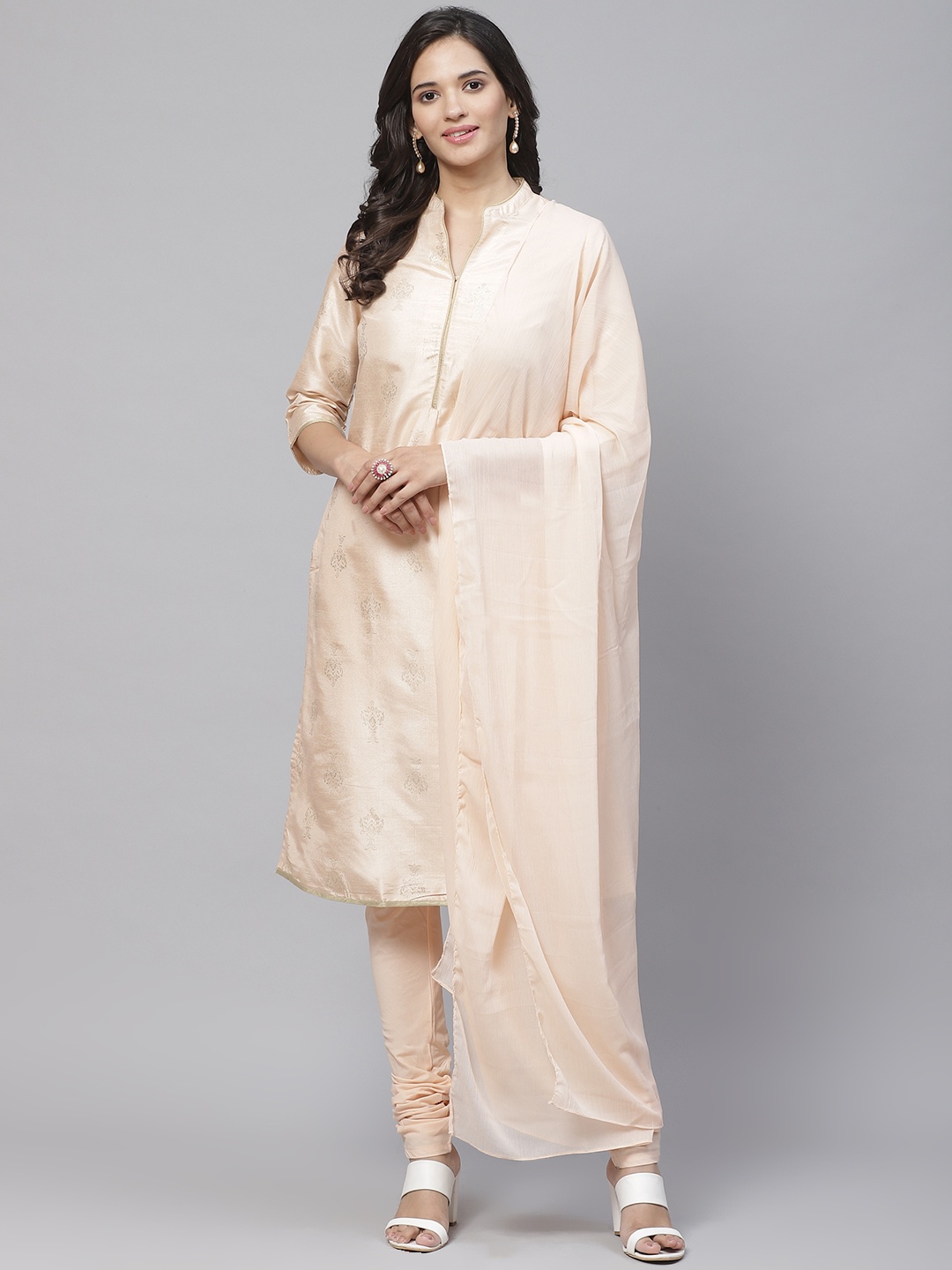 

Biba Women Peach-Coloured & Golden Printed Kurta with Churidar & Dupatta, Beige